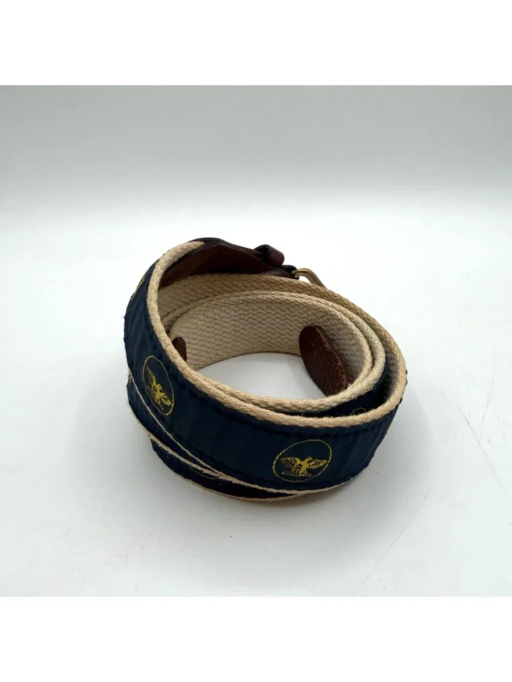 Vintage Made in USA Navy Eagle Print Canvas & Leather Belt Brass Buckle Size 44